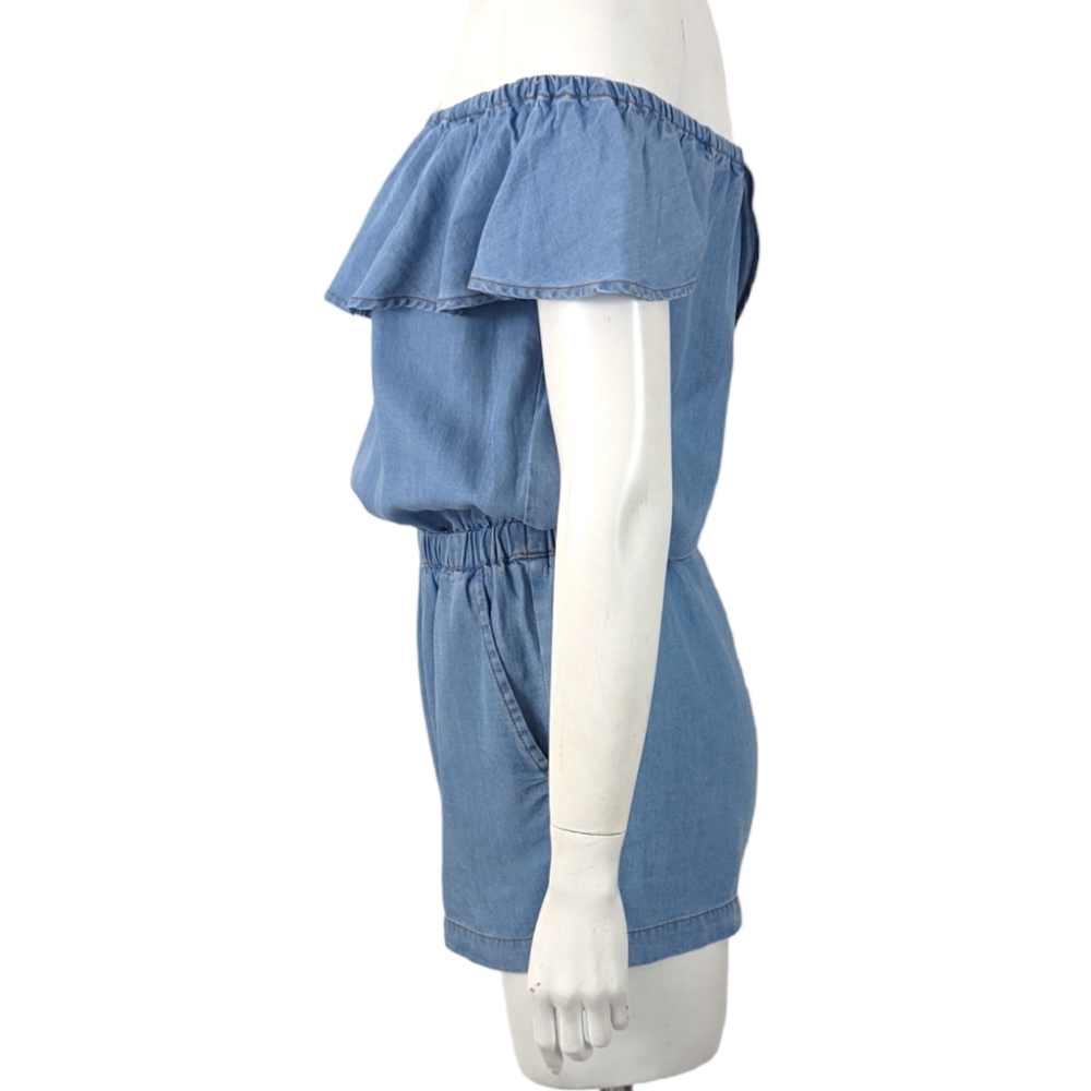 Splendid Chambray Romper Jumpsuit Womens XS Blue Tencel Off The Shoulder - Picture 3 of 15